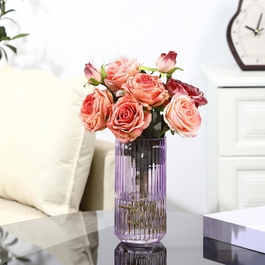 Ribbed Glass Vase,Flower Vase for Bouquet, Purple Glass Vases for Flowers, Modern Vases for Living Room, Bathroom, Dining Table, Office, Wedding, Centerpieces, 8 Inches