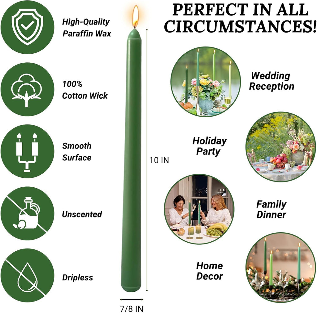 10 Inch Gradient-Green Taper Candles, 4 Packs Unscented Candlesticks for for Spring Dinner Wedding Christmas Party and Home Decoration, Dripless and Smokeless, 8-10 Hours Burn