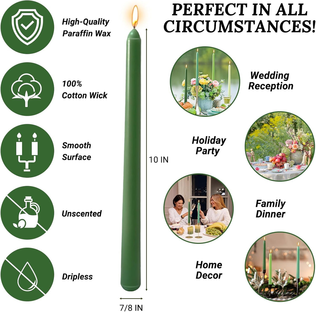 10 Inch Gradient-Green Taper Candles, 4 Packs Unscented Candlesticks for for Spring Dinner Wedding Christmas Party and Home Decoration, Dripless and Smokeless, 8-10 Hours Burn