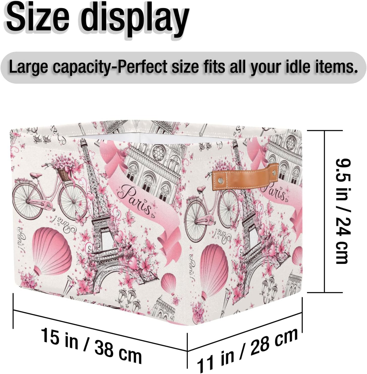 Storage Basket Floral Paris Eiffel Tower, Large Foldable Organizer Storage Bins for Shelves, Sturdy Canvas Cubes Storage Boxes with Handles for Toys Closet Nursery Office Living Room 15" x 11" x 9.5"