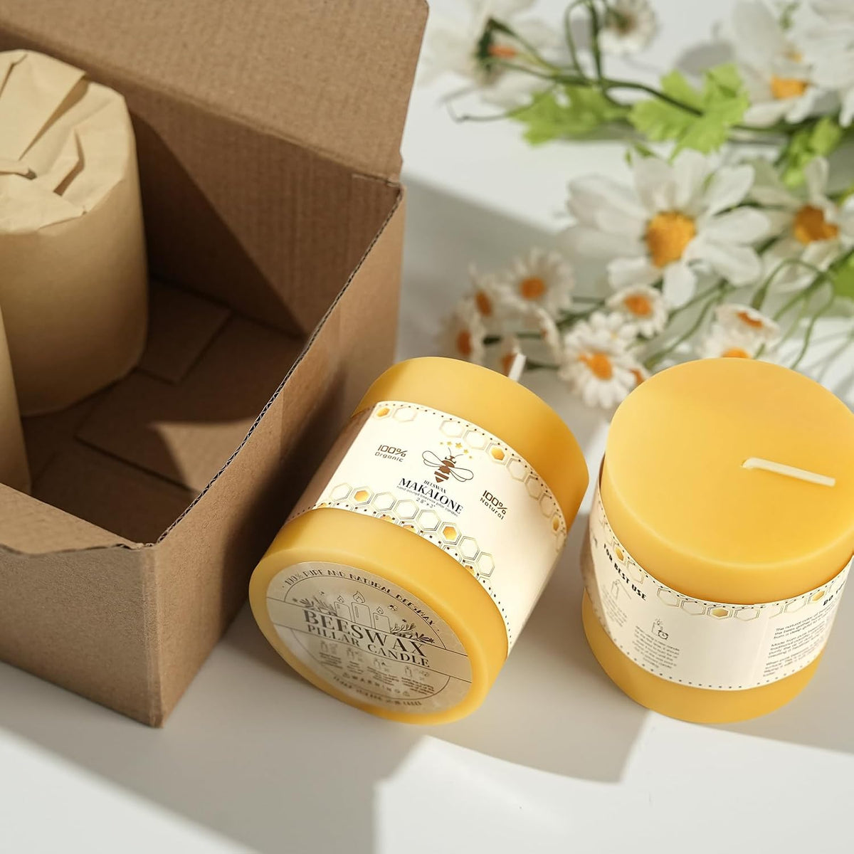 Natural Beeswax Pillar Candles,Non Toxic,2.8x3 inch,3 Pack,132 H Long Burn