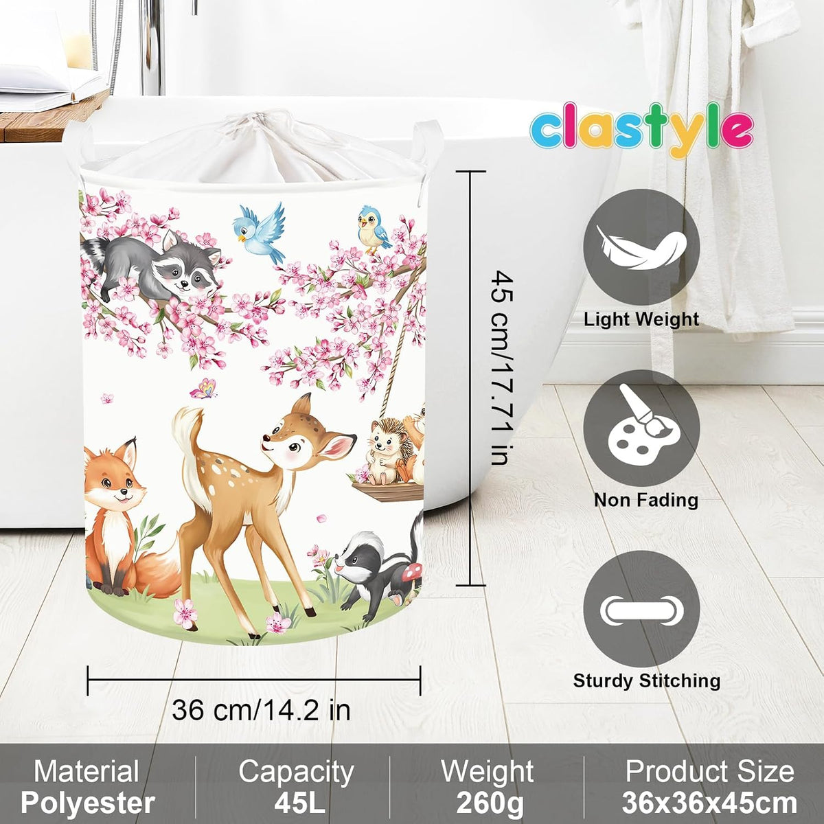 Clasty Animal Flower Kid Storage Basket Foldable Laundry Hamper, 45L Deer