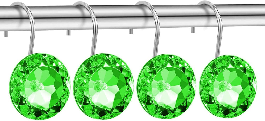 CHICTIE Green Shower Curtain Hooks Rings Diamond, Crystal Decorative Shower Curtain Hooks, Set of 12 Stainless Steel Rust-Proof Round Rhinestones Shower Rings Hangers for Bathroom
