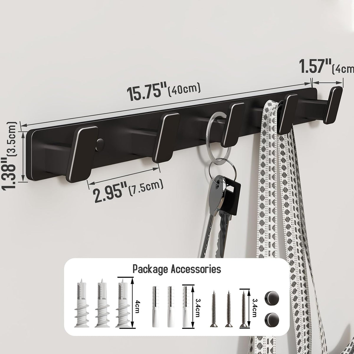 Black Wall Mount Coat Rack, 5 Wall Hooks For Hanging Key Holder Hat Hooks