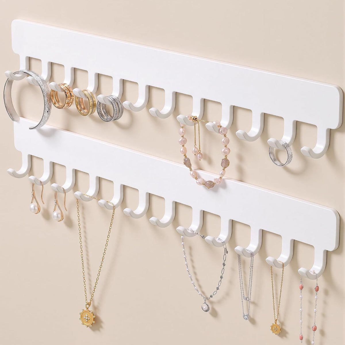 Self-Adhesive Necklace Holder, Wall Mounted Jewelry Organizer, White