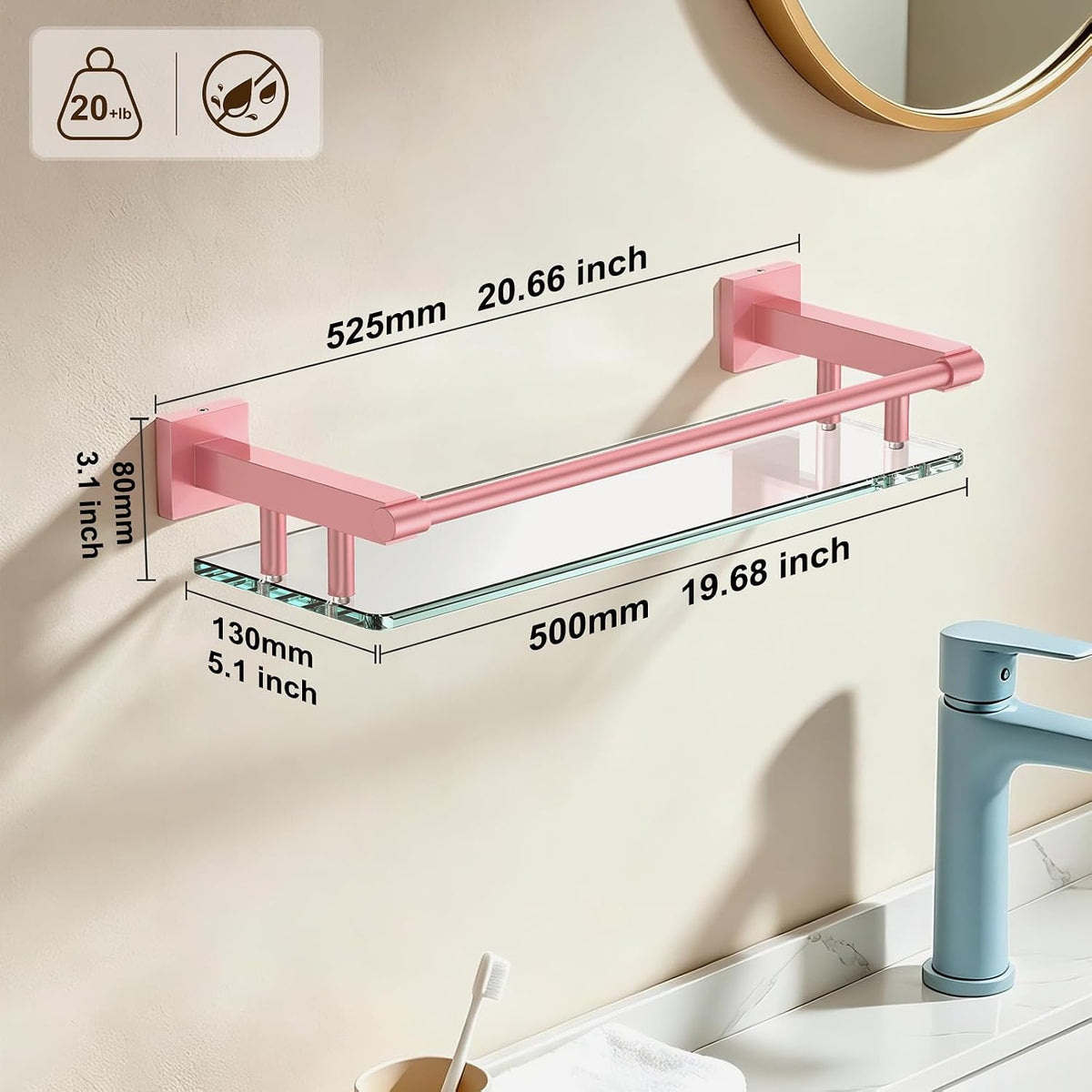 Glass Shelf for Bathroom Rectangular Stainless Steel Tempered Glass Modern Stainless Steel Wall Mount Shelf (Pink, 20″ with Railing)