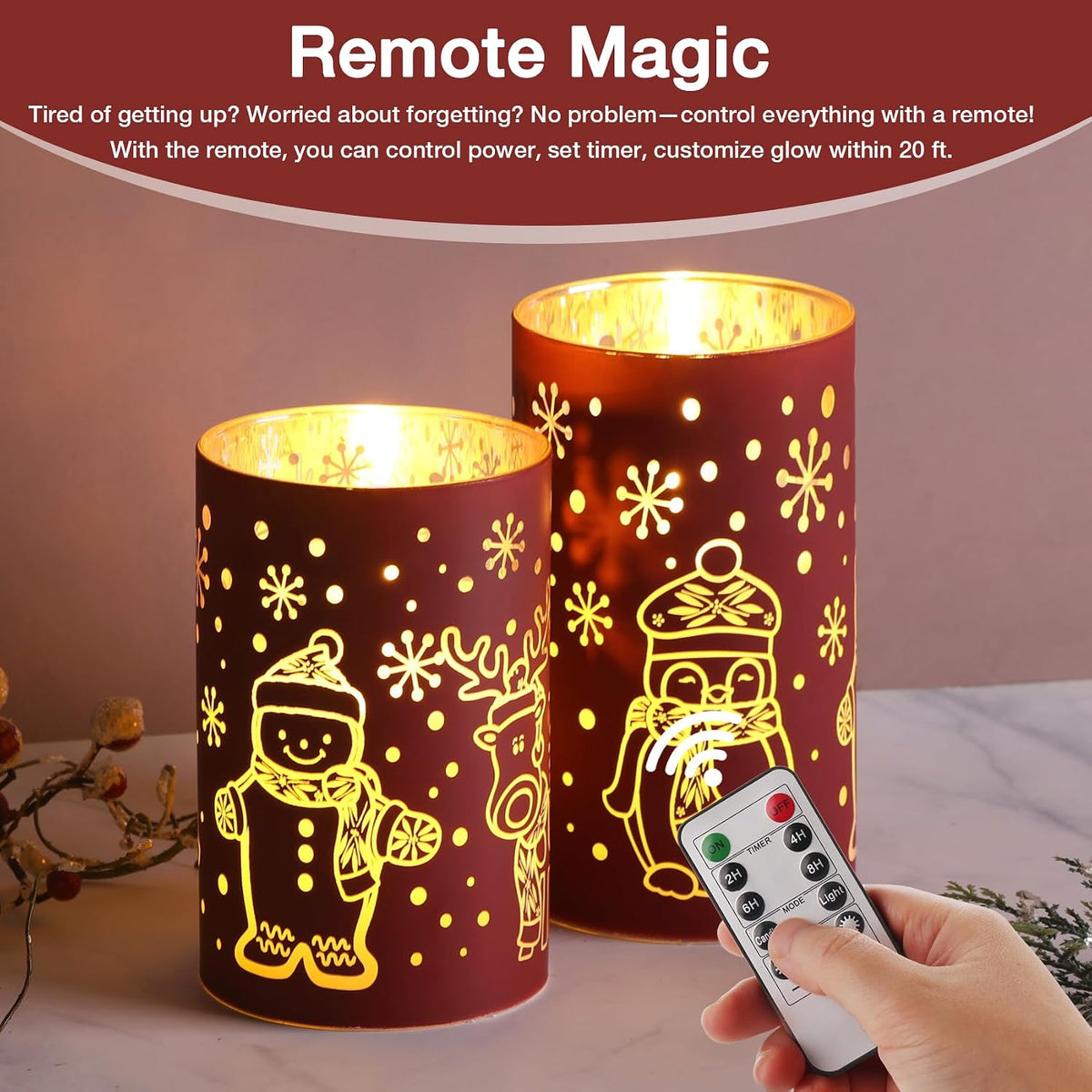 Eywamage Burgundy Glass Flameless Pillar Candles with Remote Set of 2