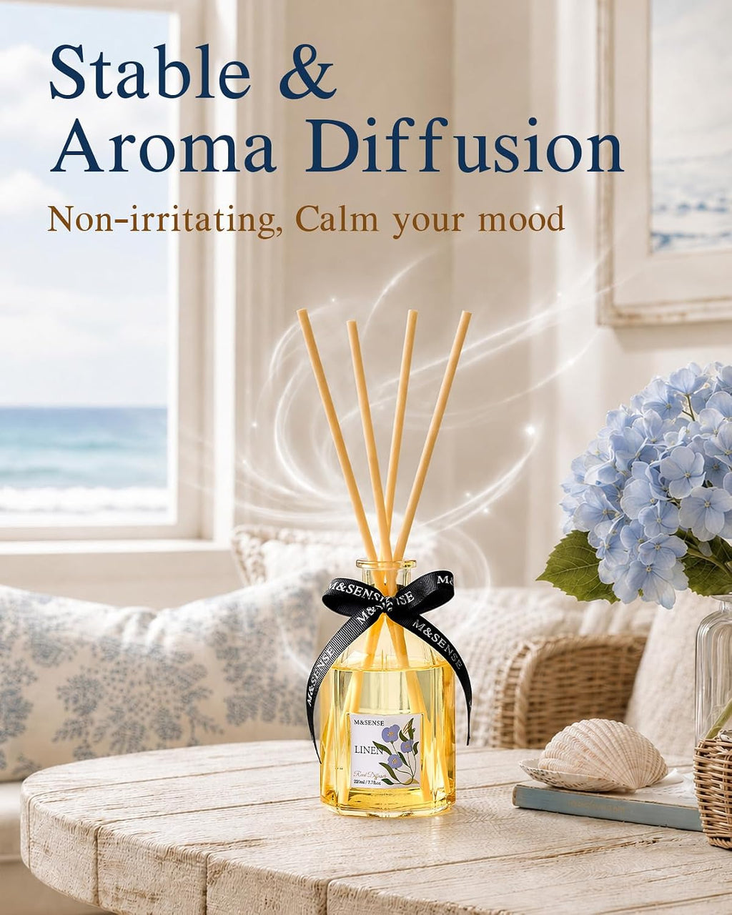 M&SENSE Reed Diffuser Set, Linen, 7.7 oz Natural Essential Oil