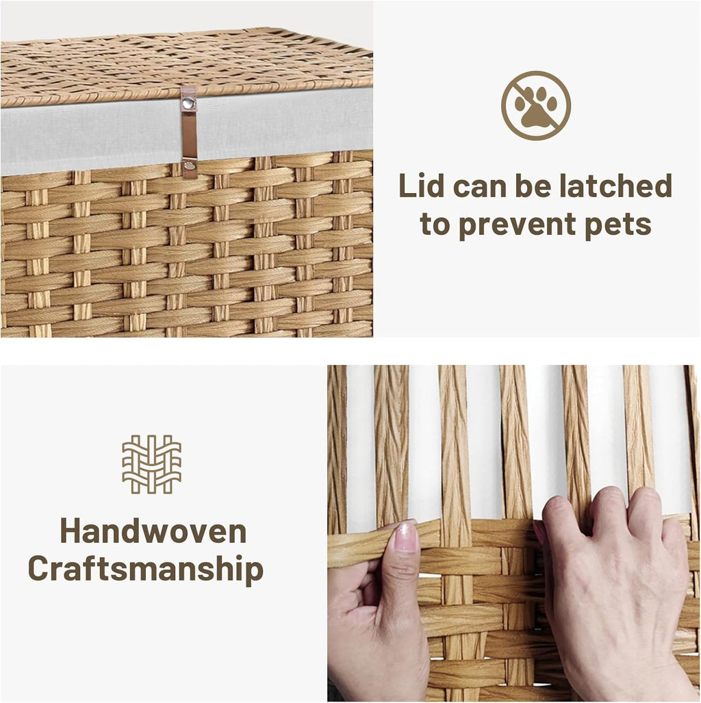 180L Wicker Storage Basket with Lid, Handwoven Rattan Large Shelf Basket with Removable Liner, 47.6 Gallon Wicker Basket for Blanket, Storage Trunk with Handle for Closet, Bedroom, Livingroom, Natural