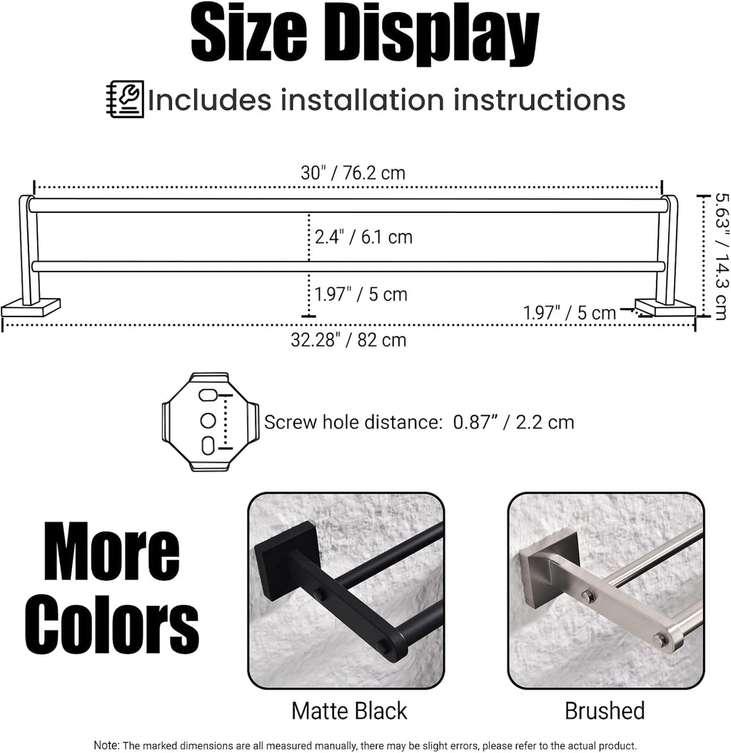 Miyili 30-Inch Double Bath Towel Bar with Square Base Polished
