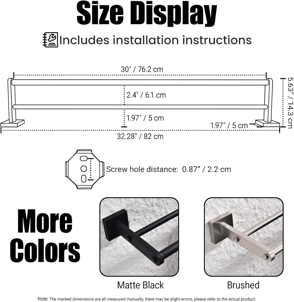 Miyili 30-Inch Double Bath Towel Bar with Square Base Polished