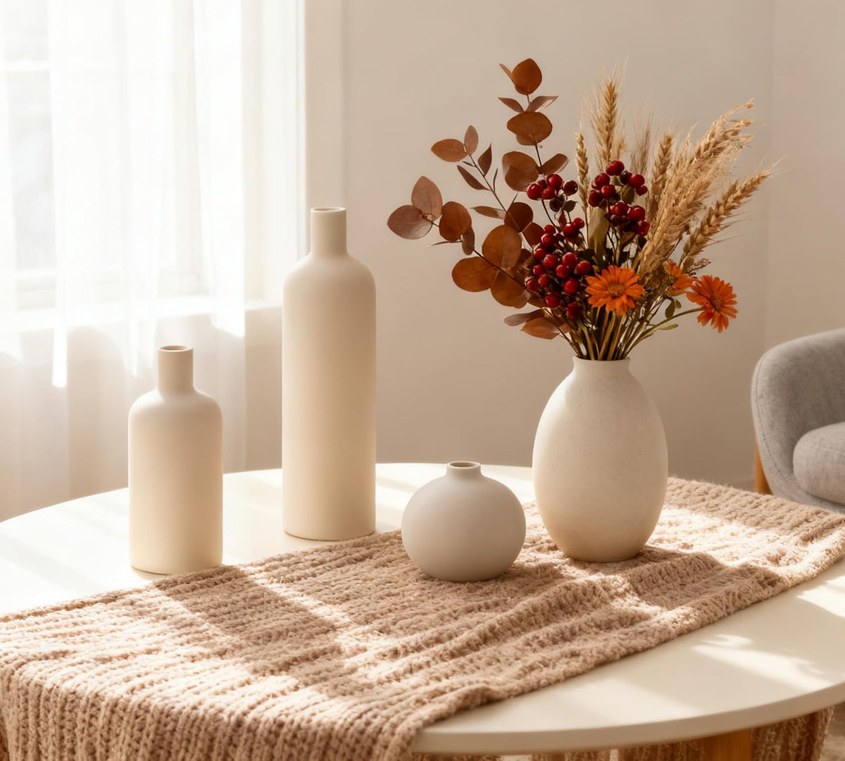 Ceramic Vase Set of 4, Classic Beige White Matte Vases Home Decorations for Table Shelf Office Centerpieces Decor