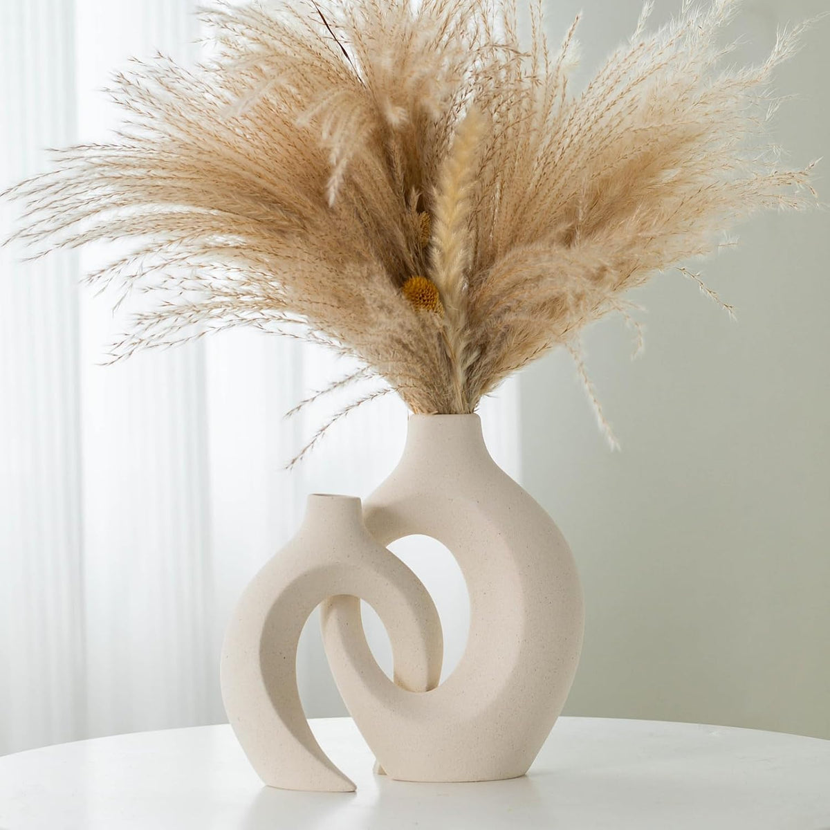 Liotww Off White Ceramic Flower Vase Home Decor Shaped Hollow Vase Set of 2