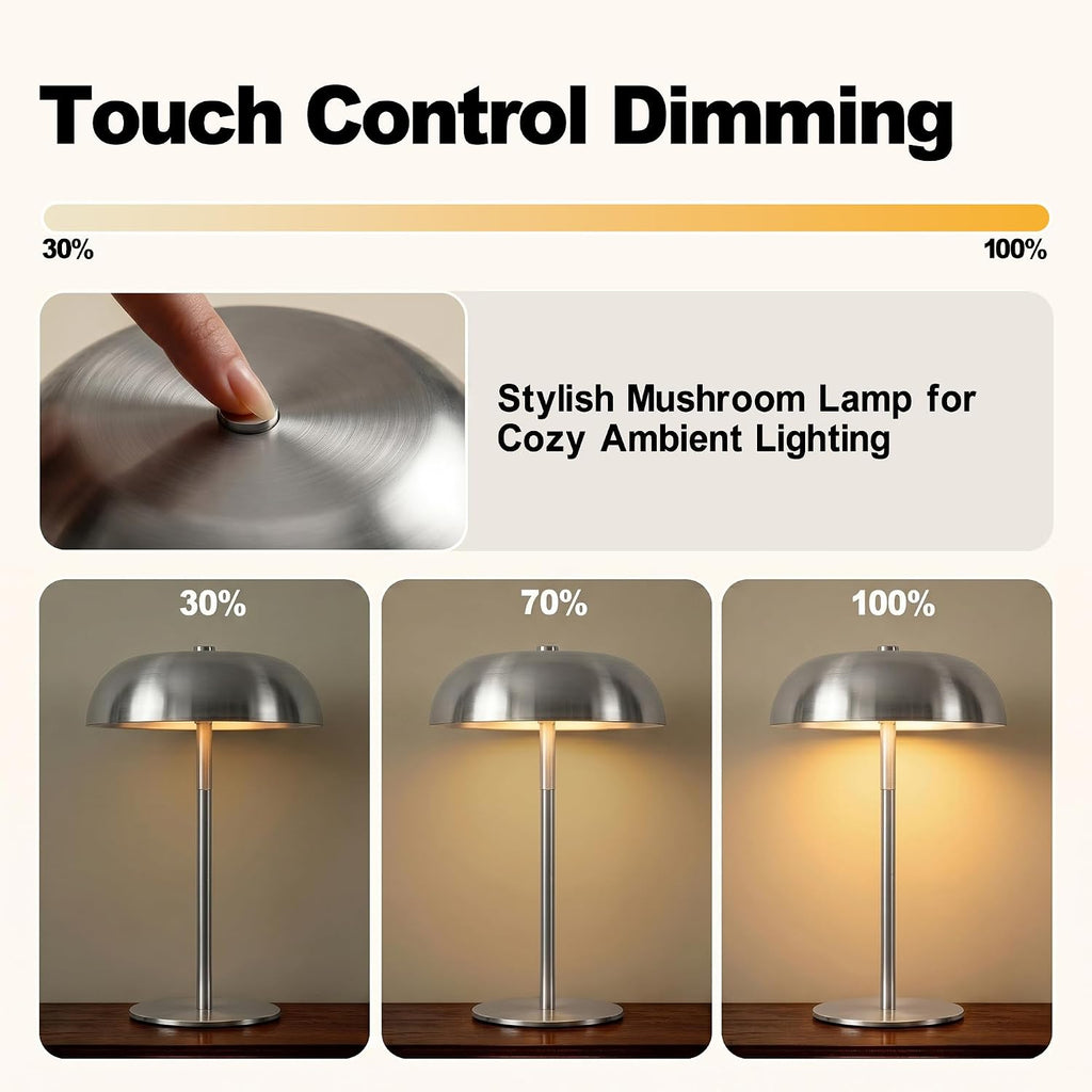 Portable LED Mushroom Table Lamp, Cordless Gold Table Lamp with 3 Color Stepless Dimming, Touch Control, Adjustable Height, Touch Lamp for Nightstand, Bedroom, Coffee Table, Bar, Restaurant (Silver)
