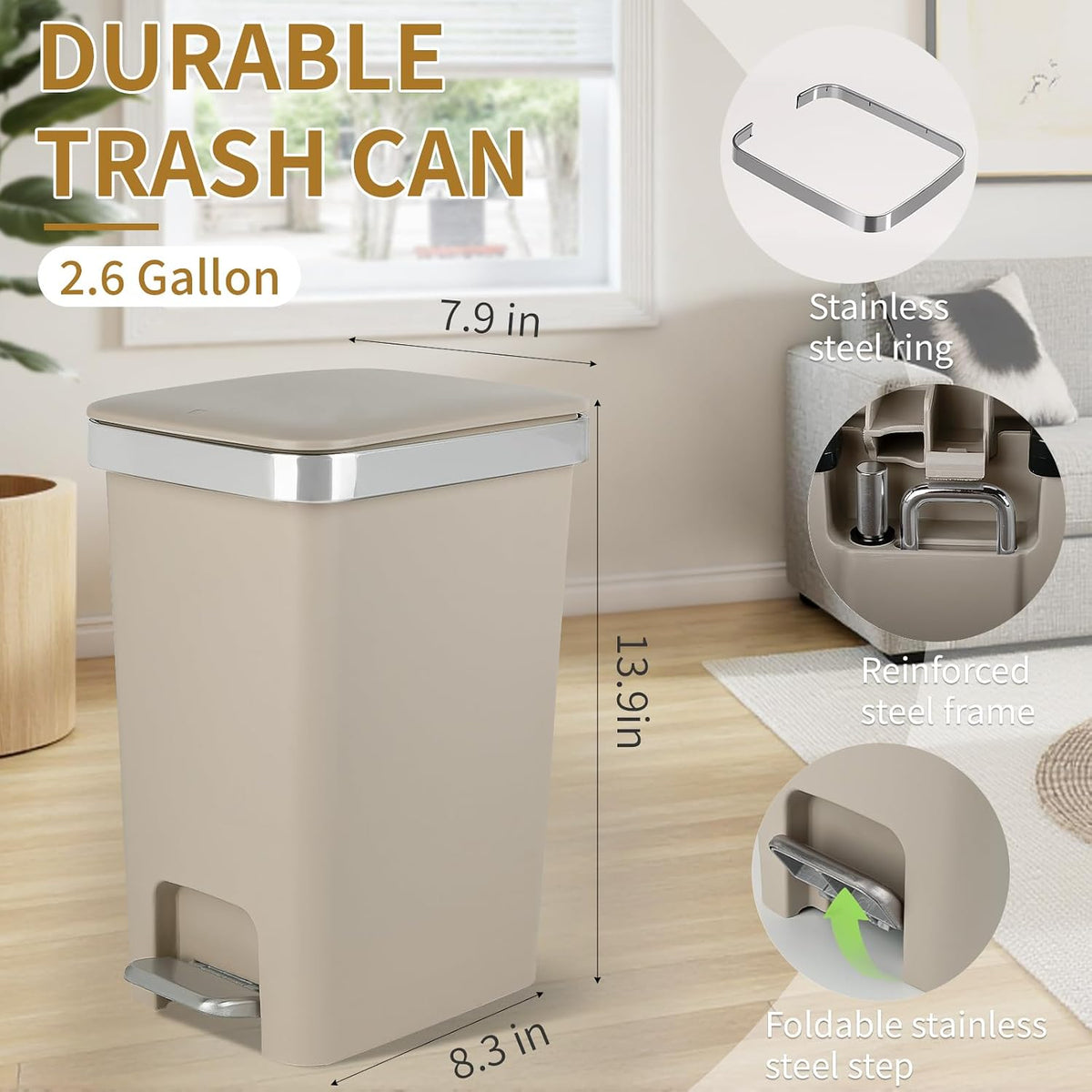 UUJOLY Small Bathroom Trash Can with Lid Step Pedal, 2.6 Gallon, Khaki