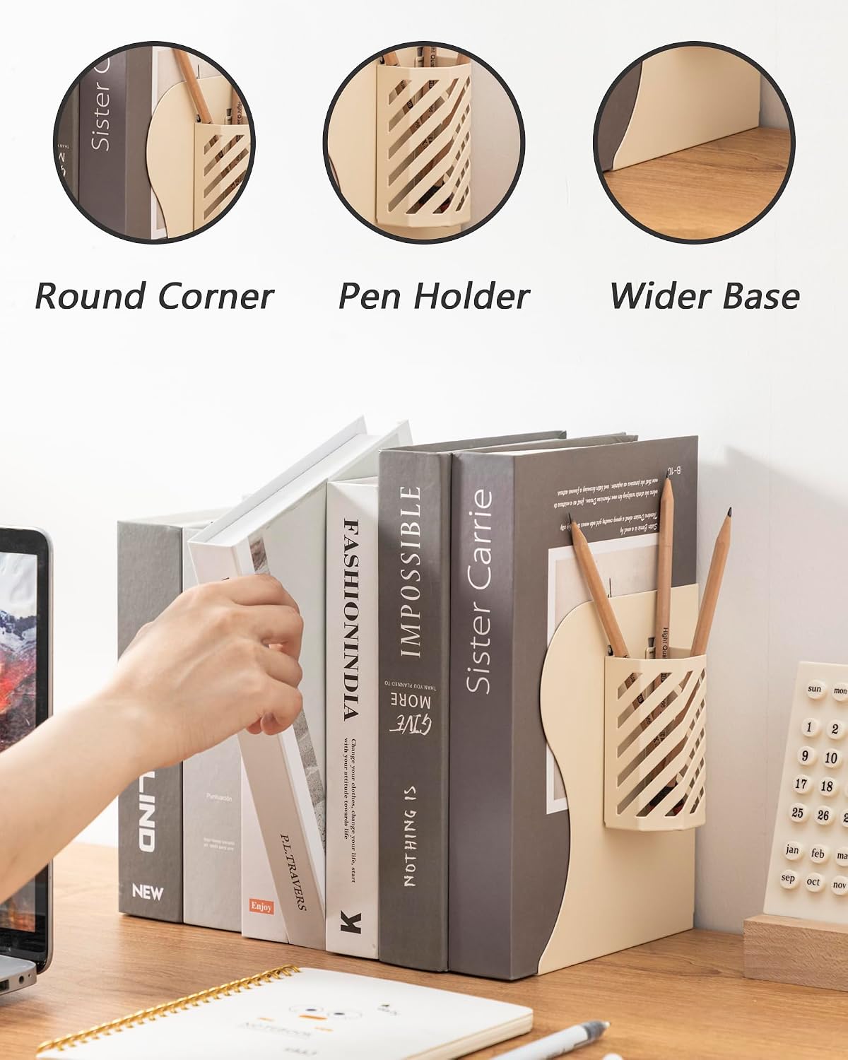 Kingsmile Book Ends, Adjustable Heavy Duty Metal Book Stoppers with Pen Holder for Desk Office Library Kids Room(Light Beige)
