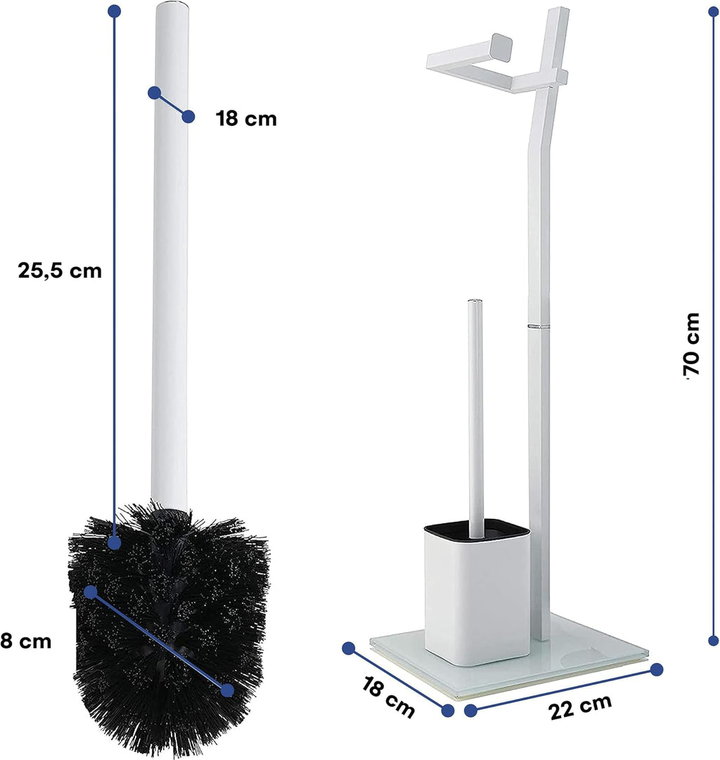 WC Set - White –22x18x70cm– Toilet Paper Holder and Toilet Brush incl. – Stainless Steel – Strong Glass Base – Plus: 1+2 Replacement Toilet Brush Heads!