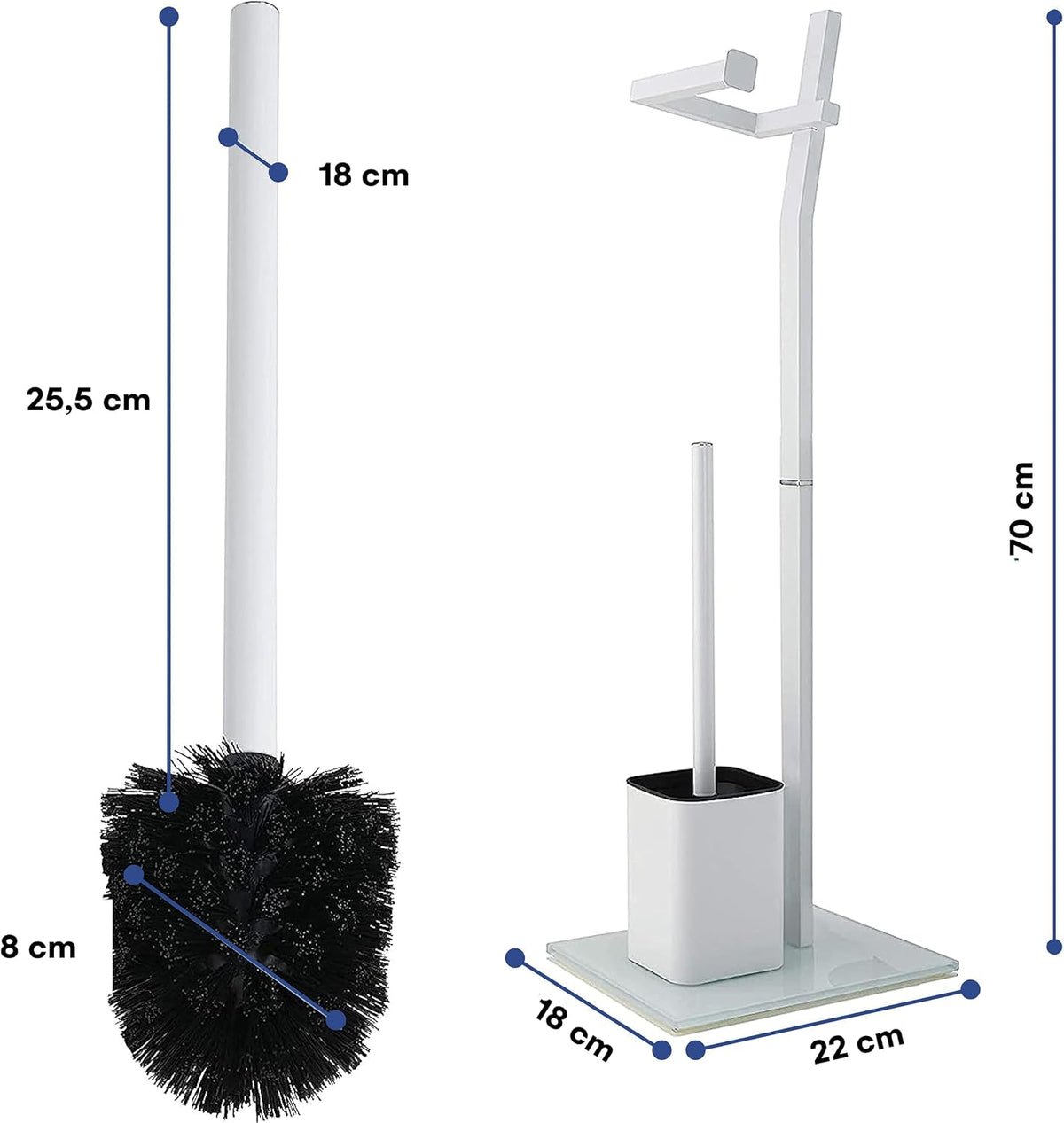 WC Set - White –22x18x70cm– Toilet Paper Holder and Toilet Brush incl. – Stainless Steel – Strong Glass Base – Plus: 1+2 Replacement Toilet Brush Heads!