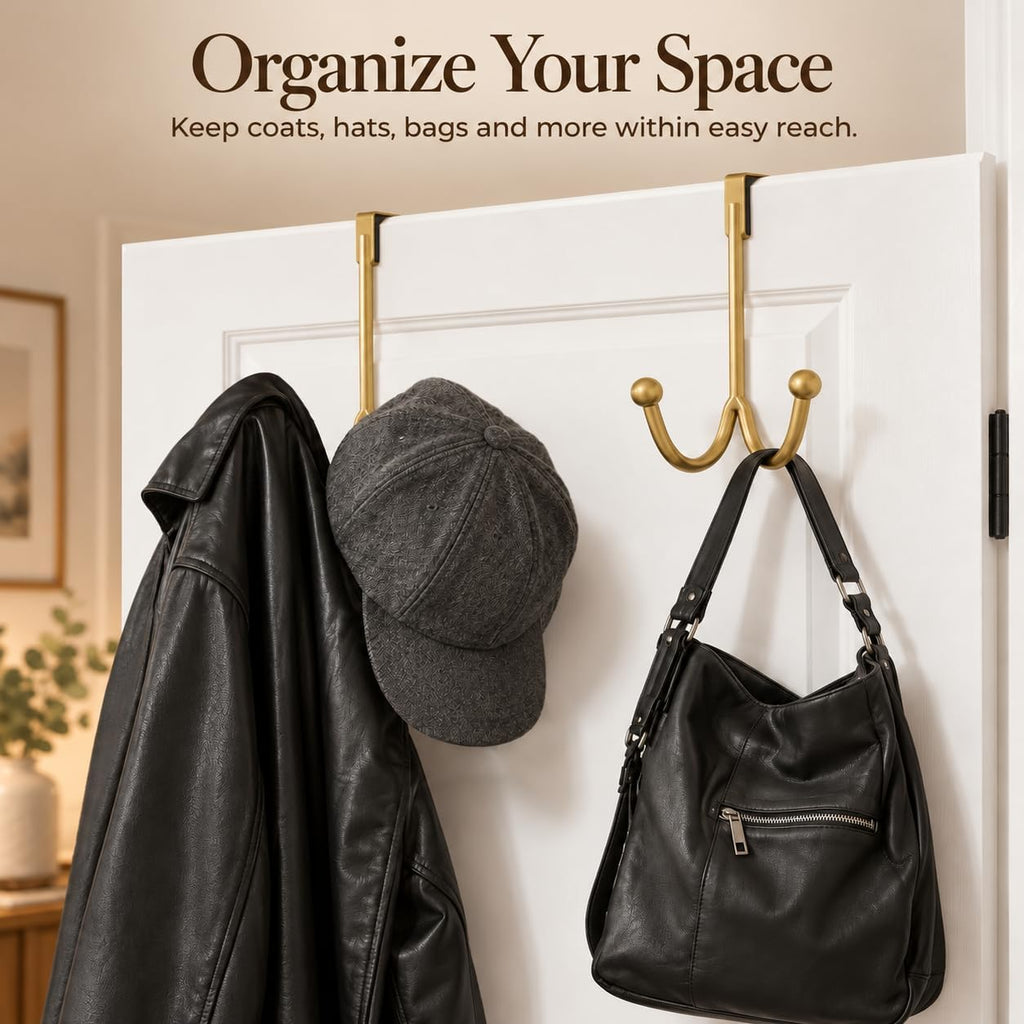 HFHOME 2Packs Over The Door Double Hanger Hooks, Metal Twin Hooks Organizer for Hanging Coats, Hats, Robes, Towels- Gold