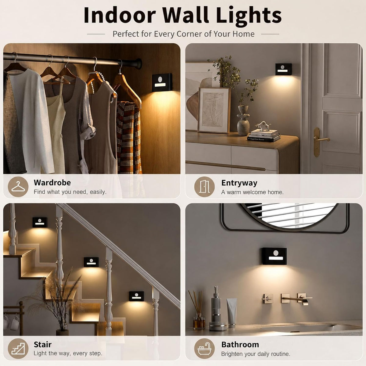 WOBSION Motion Sensor Night Light, Rechargeable Stick-On Wall Sconce