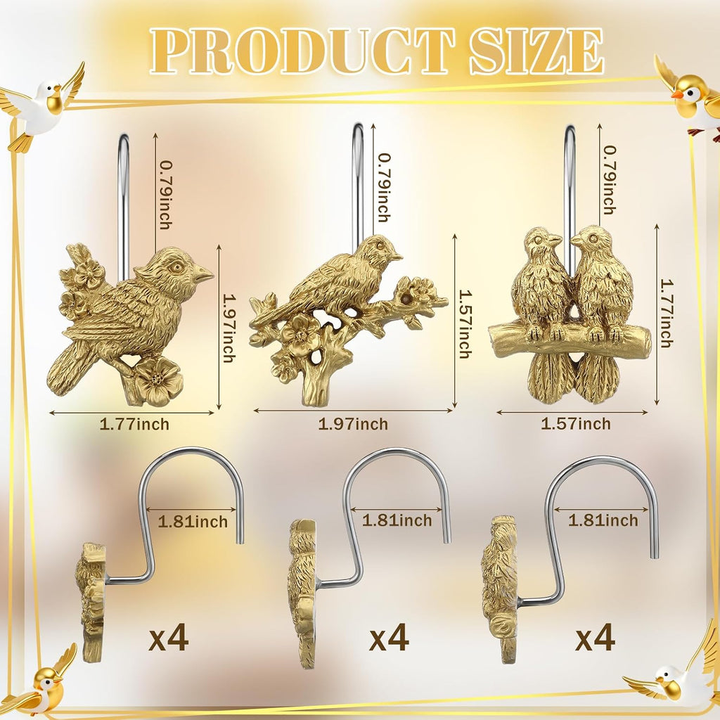 Amyhill 12pcs Gold Bird Shower Curtain Hooks Vintage Bathroom Antique Decor