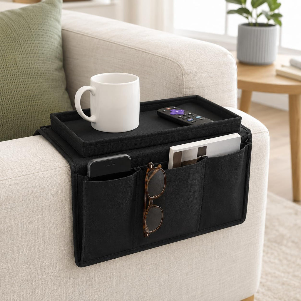 Dependable Industries inc. Essentials Sofa Armrest Organizer with Table - 5 Pockets, Anti-Slip Bottom, TV Remote Holder - Drapes Over Sofa Arm Relaxation and Convenience
