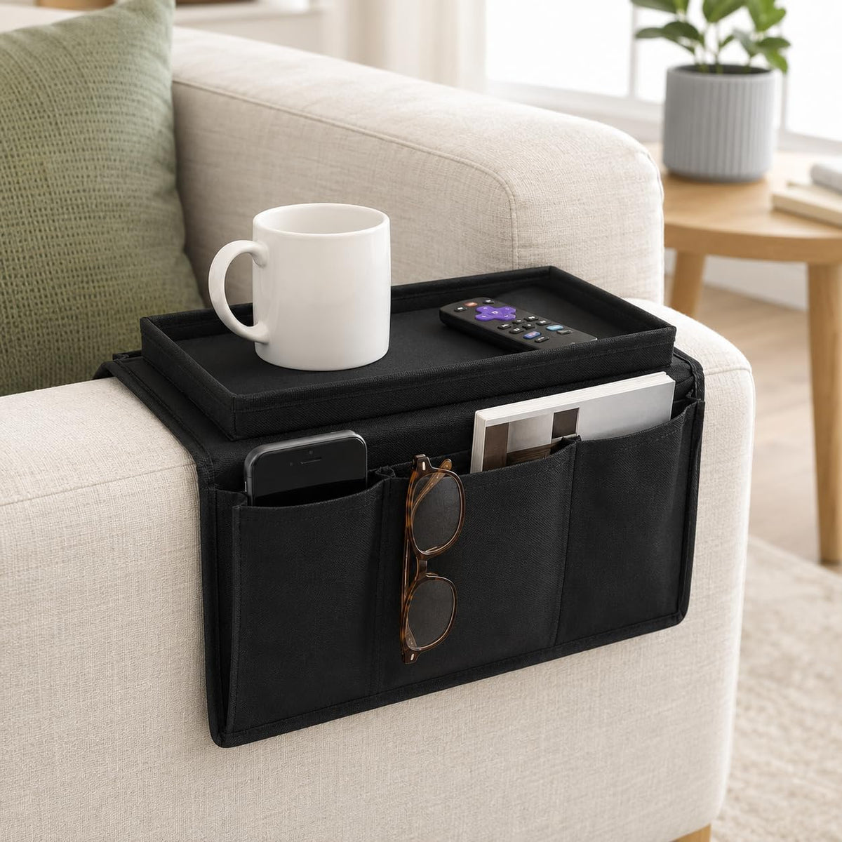 Dependable Industries inc. Essentials Sofa Armrest Organizer with Table - 5 Pockets, Anti-Slip Bottom, TV Remote Holder - Drapes Over Sofa Arm Relaxation and Convenience