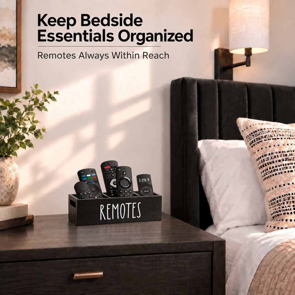 Wooden Remote Control Holder 3 Slots - Farmhouse TV Remote Caddy for Table, Nightstand, Living Room - Solid Wood Organizer Box, Black