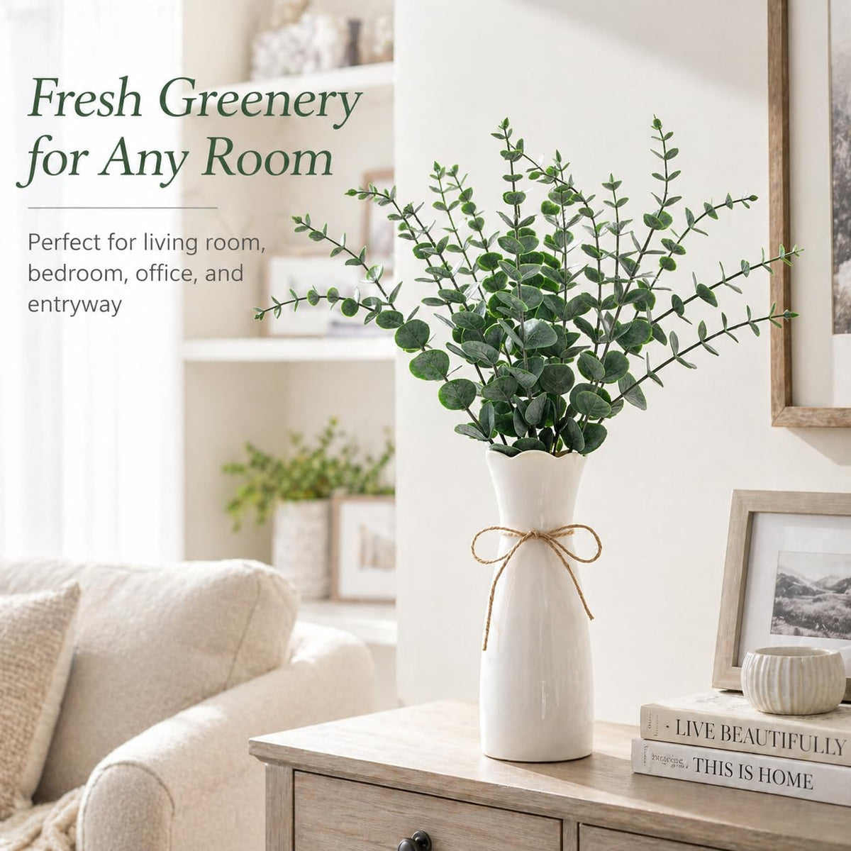 Artificial Eucalyptus Stems in White Vase, 20pcs Faux Greenery Arrangement with 7.87" Ceramic Vase, 15.7" Decorative Fake Plant for Boho Farmhouse Home Decor
