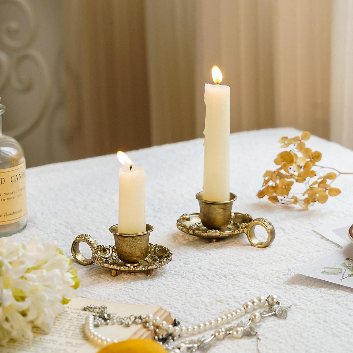 NIKKY HOME Vintage Gold Taper Candle Holders Set of 2, Handle & Drip Tray