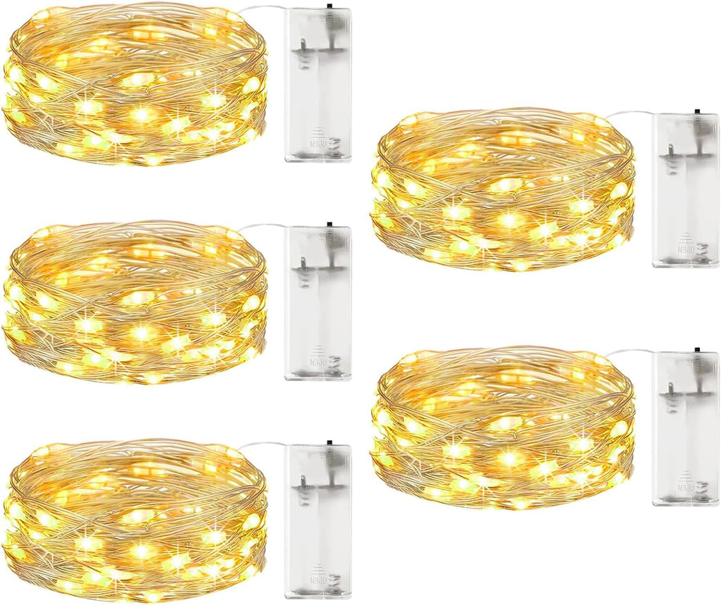 5 Pack Fairy Lights Battery Operated, 7FT 20LED String Lights with Timer Waterproof Silver Wire Fairy Lights Battery Powered Twinkle Lights for Bedroom Christmas Wedding Indoor Party Decor Warm White