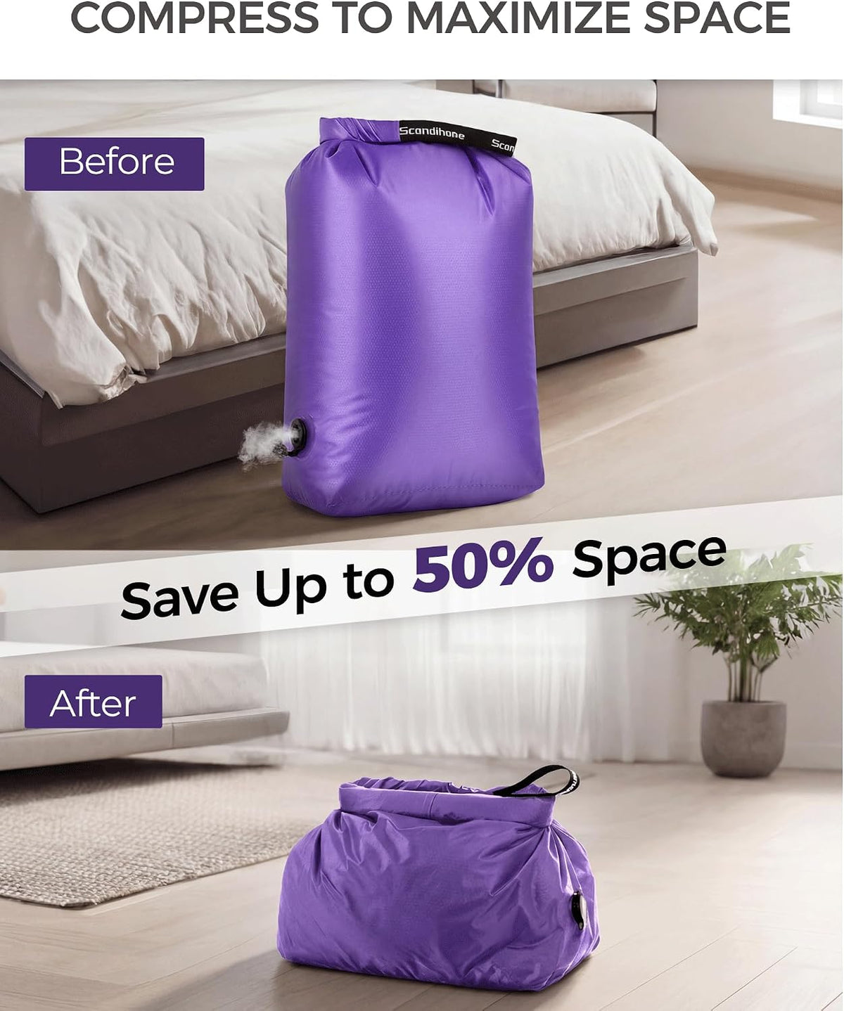 Compression Travel Laundry Bag for Dirty Clothes, Pump-Free Laundry Bag for Suitcase & Dorm, Waterproof Wet Dry Clothes Organizer, Large Capacity Space Saving Travel Bag (1 Pcs)(Purple, M)
