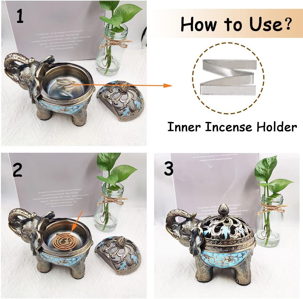 Hourwof Metal Elephant Incense Holder,Vintage Cone Coil Incense Burner with Lid,Ash Catcher,Aromatherapy Ornament Home Office Decor (Purple)