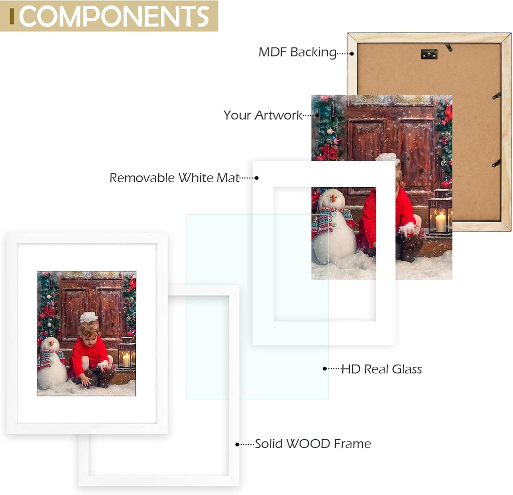 Golden State Art 11x14 White Picture Frame,Solid Wood&Real Glass,Mat 8x10
