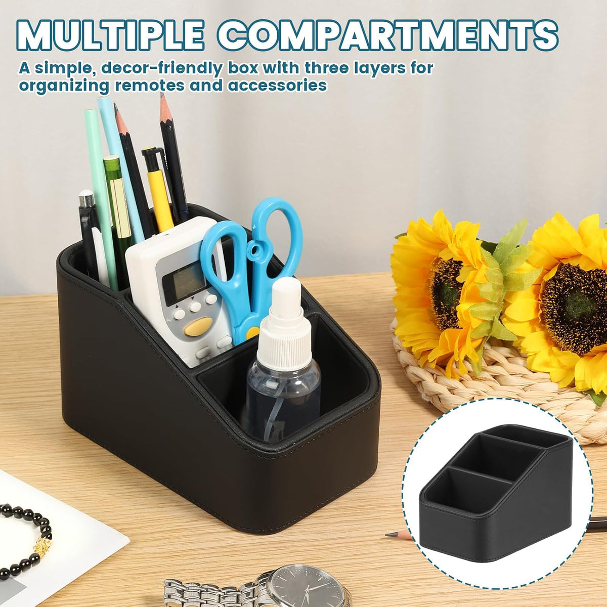 PU Leather Remote Control Holder, TV Remoter Caddy Desktop, Remote Caddy Box with 3 Compartments for Nightstand Bedside Table Couch Desk, Small Storage Organizer for Glasses, Cosmetics, Office Supply