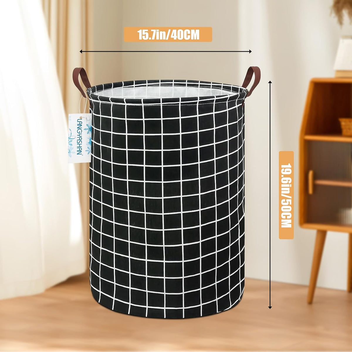 Round Laundry Basket Collapsible Storage Hamper Organizer Black Grid