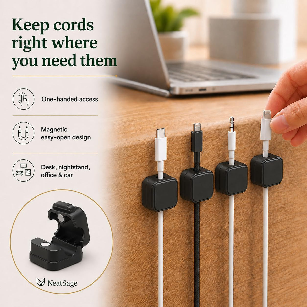 Magnetic Cable Clips - 12 Pack Self-Adhesive Cord Organizer Holders for Desk, Nightstand, Office & Car, Cable Management for Charging Cords, USB Cables & Headphones, White