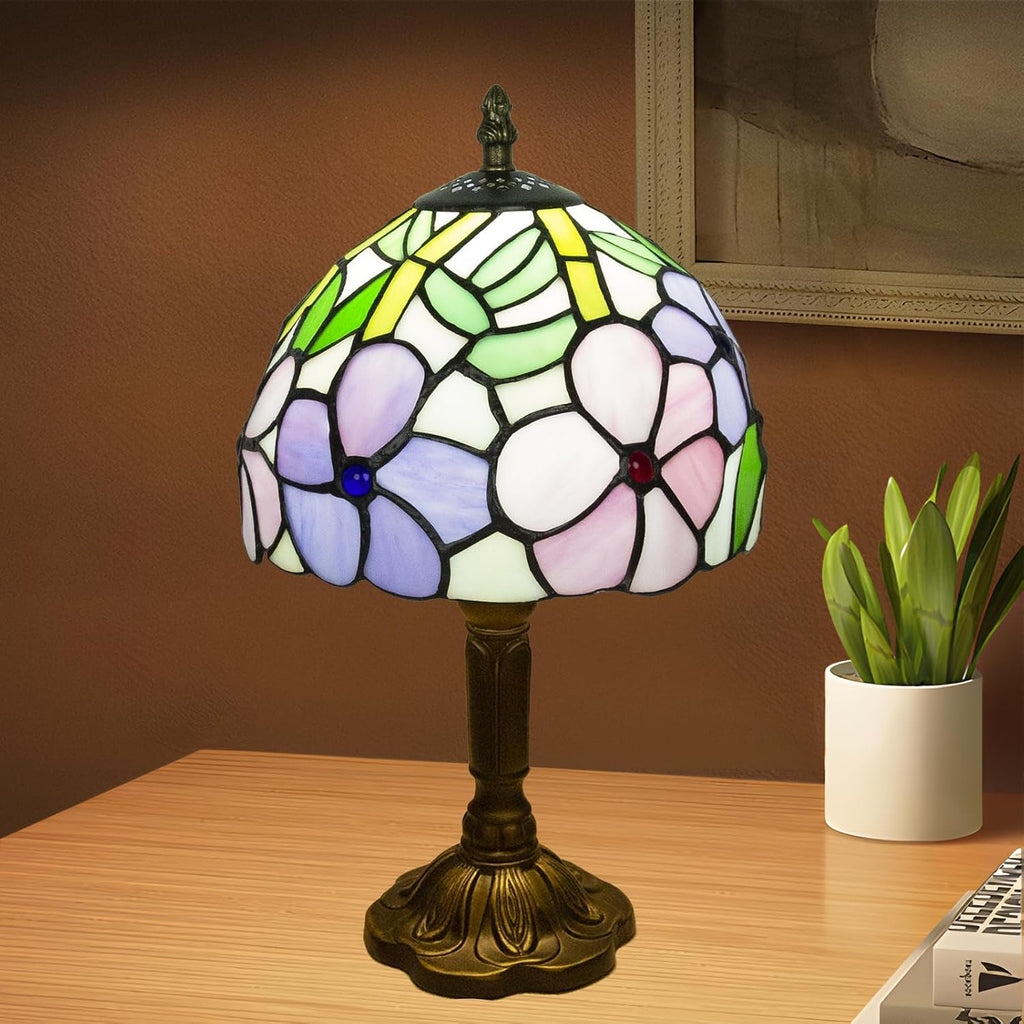 Small Tiffany Style Stained Glass Table Lamp, 8 Inch, Pansy Flower Pattern