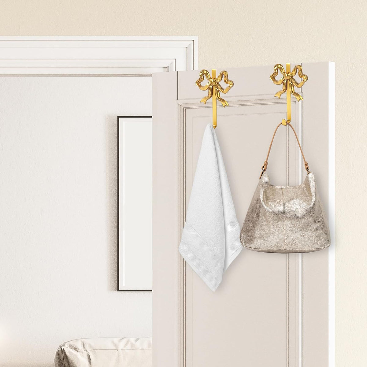 JarThenaAMCS 2Pcs Gold Bow Over The Door Hooks Metal Door Hanger Hook Coquette Towel Coat Hanger for Home Kitchen Bedroom Bathroom Decor