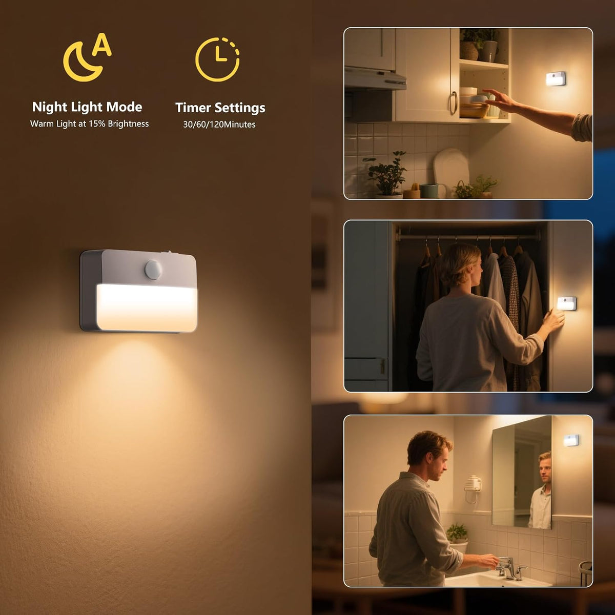 Motion Sensor Night Lights, 6 Pack Warm White Stick-On Stair Lights