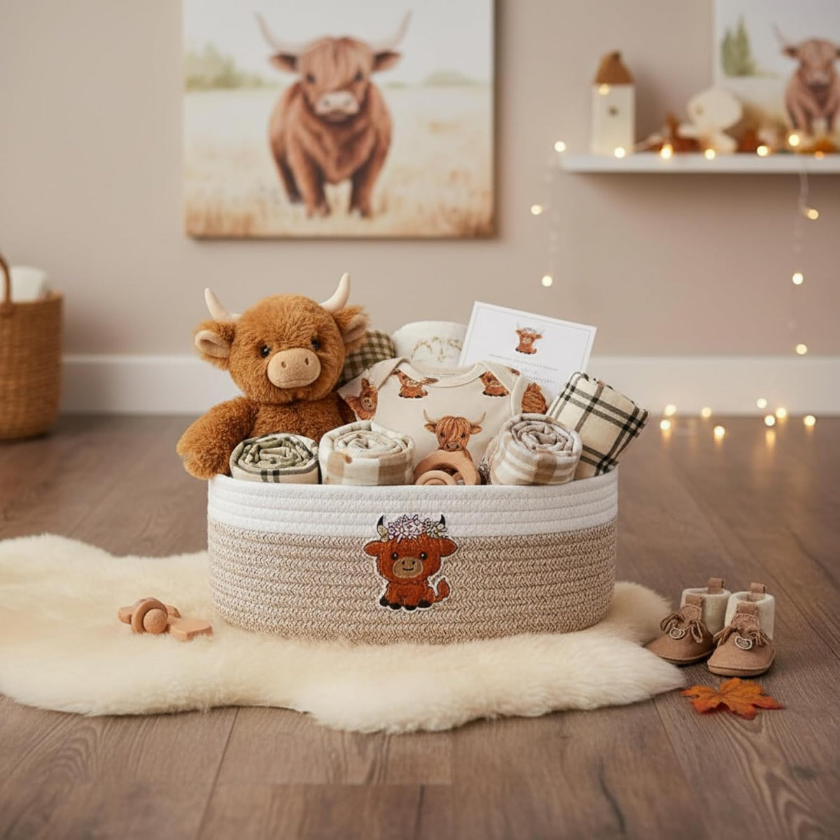 Geelin 3 Pcs Highland Cow Baskets for Gift Cute Farmhouse Brown Woven Rope Gift Baskets Shelf Organizer Laundry Hamper Storage Bin for Closet Bedroom Decor Nursery Toy Organizing, 11.8''x7.8''x4.7''