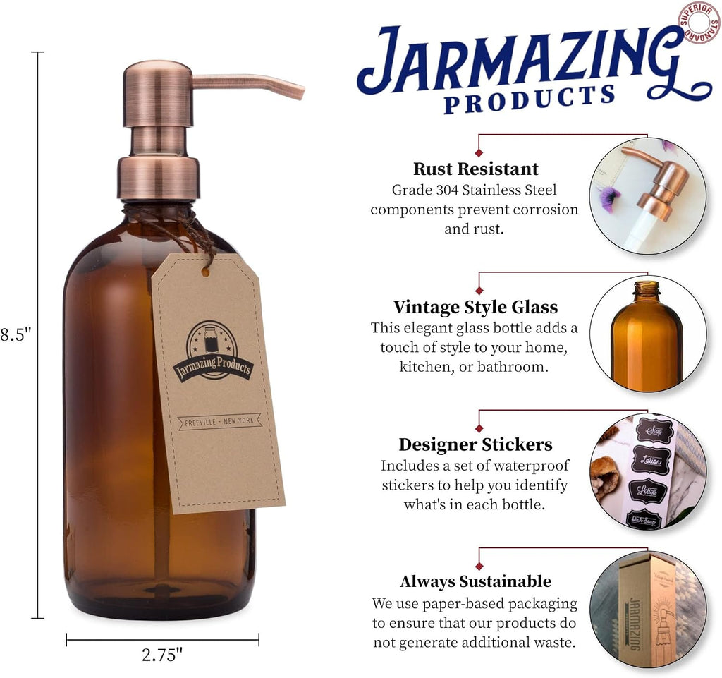 Amber Glass Bottle Soap and Lotion Dispenser with Copper Pump - Bird Head - 16 oz - by Jarmazing Products