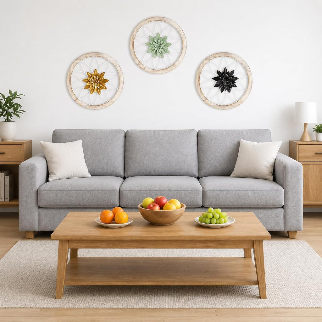 Paquesta 3 Piece Round Farmhouse Wall Decor with 6 Piece Interchangeable Flowers 15.75'' Medallion Wood & Metal Rustic Wall Art for Living Room Bedroom Kitchen Bathroom Dining Room Home Decorations (large white wheel)