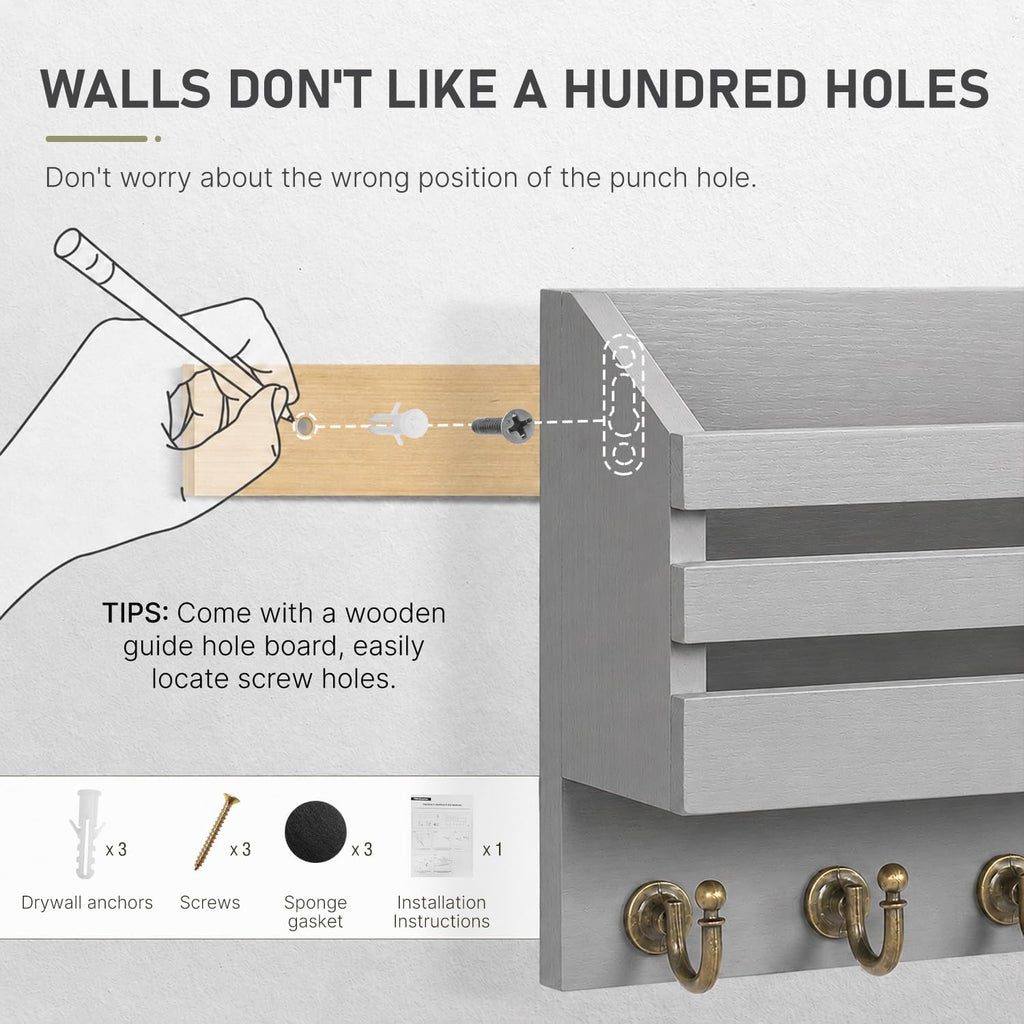 FifthQuarter Key Holder for Wall with Drawer and 6 Sturdy Hooks, A-Grey