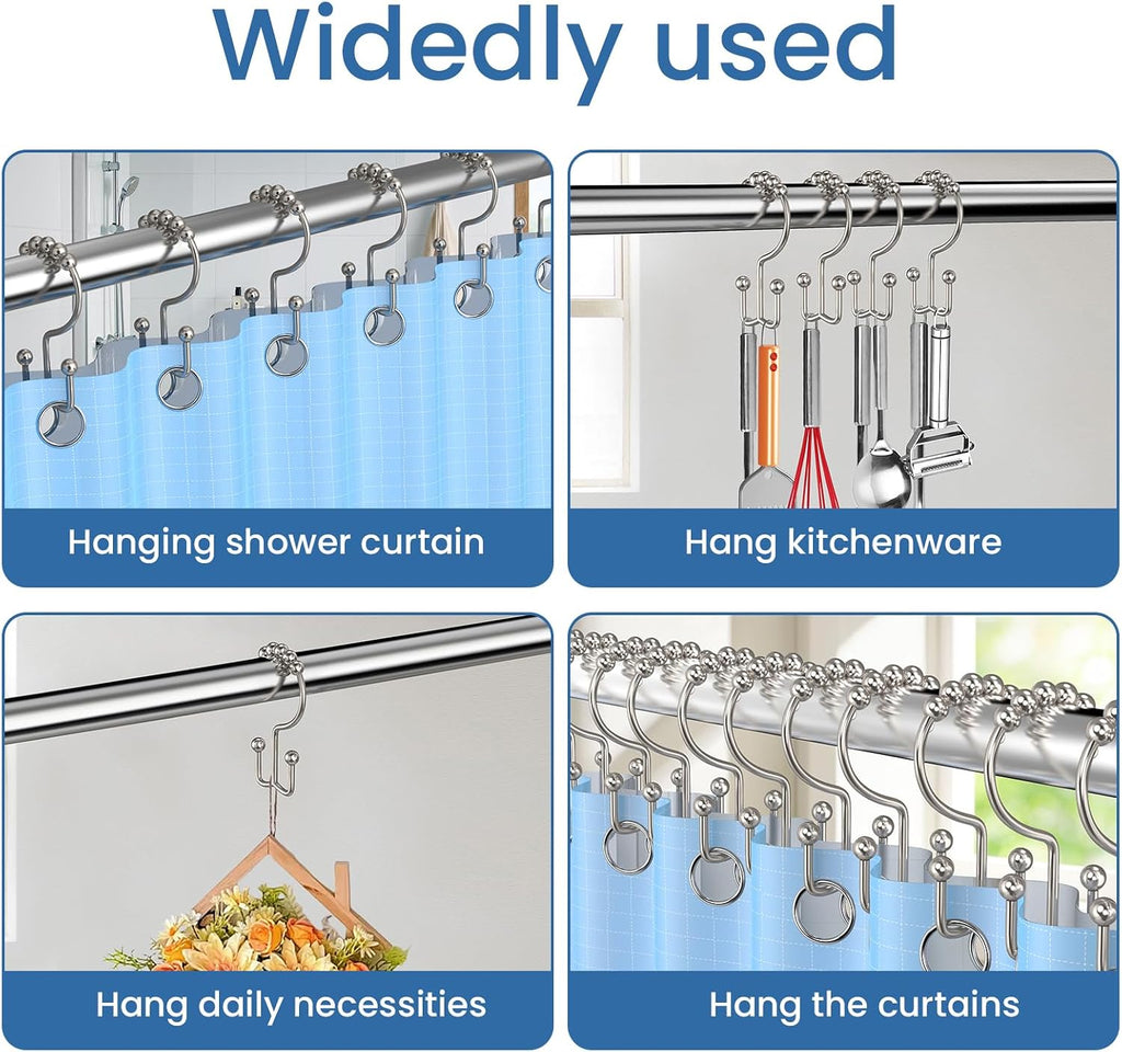 Brushed Nickel Shower Curtain Hooks Double Sided with Roller Balls