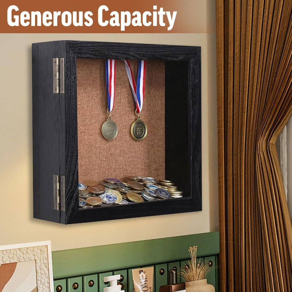 15x15 Extra Deep Large Shadow Box, 4-Inch Exterior Depth, Solid Wood, Black