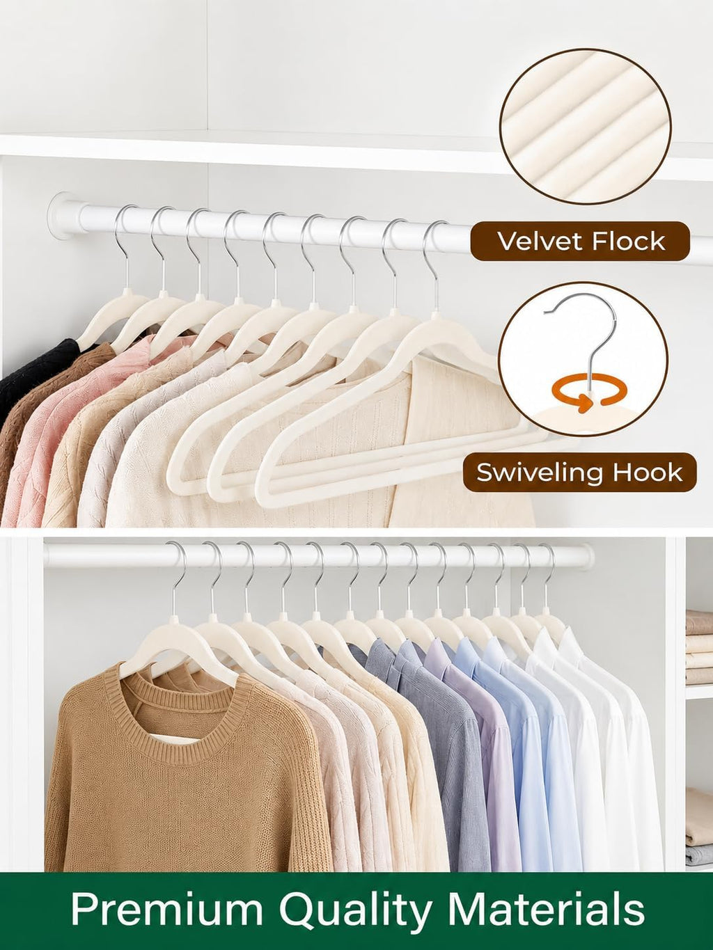 HOUSE DAY Ivory Velvet Hangers 50 Pack - Non Slip Felt Hangers, No Wrinkles