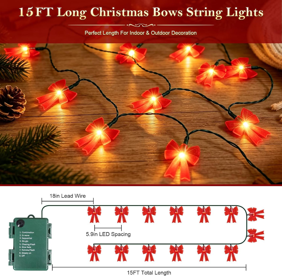 Battery Operated 15FT Christmas Bow 30LED Outdoor Fairy String Lights Red
