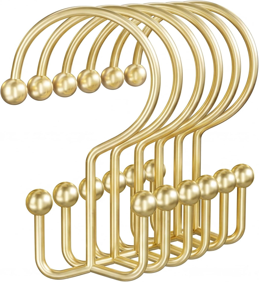 OEH Shower Curtain Hooks, Metal Shower Curtain Rings, Gold Shower Curtain Hooks Rust Proof, Double Shower Rings for Curtain, Easy Install Anti-Drop Shower Hooks for Shower Curtain (Gold, 12 Pack)