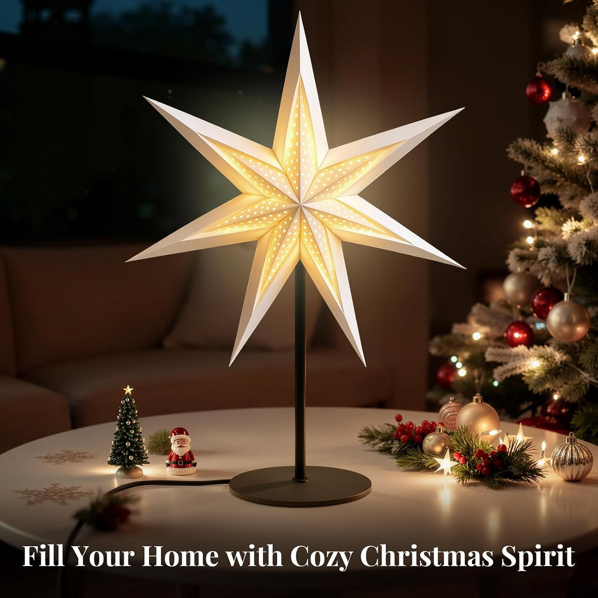 Lewondr 3D Christmas Paper Star Table Lamp, 17.72" 7-pointed Xmas Star